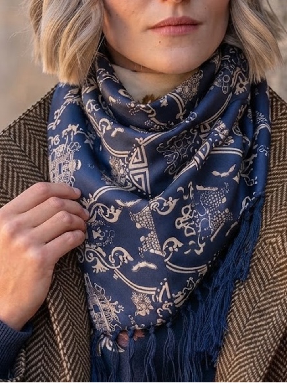 100% Silk Chinoiserie Pagoda Scarf Navy Blue Gold Fringe Wrap
